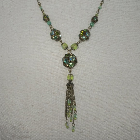 Michal Negrin Green Crystal Tassel Necklace Bronze Tone 25" Boho Romantic Leaf - Picture 9 of 10